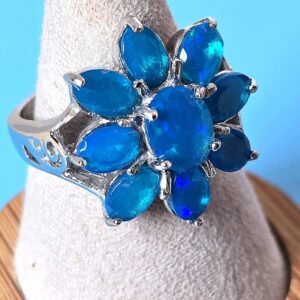 Natural Blue Opal 925 Sterling Silver Flower Shape Ring Sz 7.5