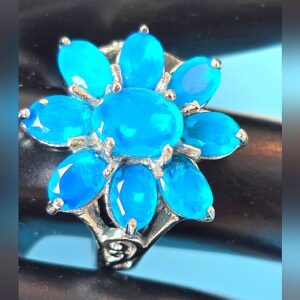 Natural Blue Opal 925 Sterling Silver Flower Shape Ring Sz 7.5