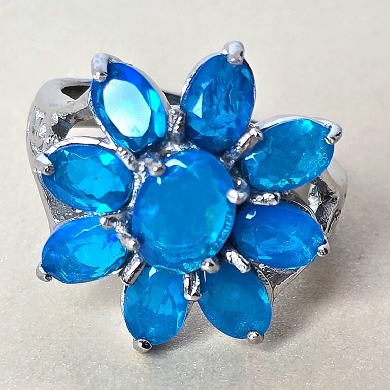 Natural Blue Opal 925 Sterling Silver Flower Shape Ring Sz 7.5