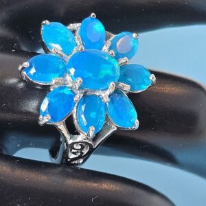 Natural Blue Opal 925 Sterling Silver Flower Shape Ring Sz 7.5