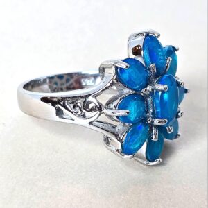 Natural Blue Opal 925 Sterling Silver Flower Shape Ring Sz 7.5