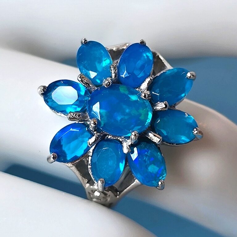 Natural Blue Opal 925 Sterling Silver Flower Shape Ring Sz 7.5