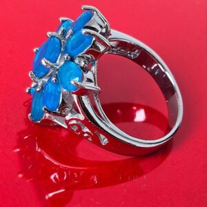 Natural Blue Opal 925 Sterling Silver Flower Shape Ring Sz 7.5