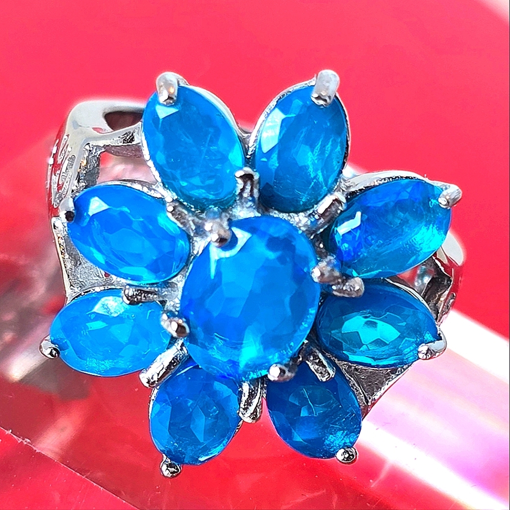 Natural Blue Opal 925 Sterling Silver Flower Shape Ring Sz 7.5