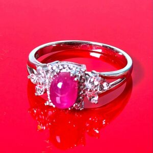 Natural Oval Ruby 7x5mm & White Topaz 925 Sterling Silve Ring Sz 8