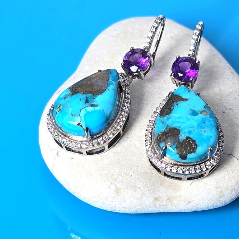 Copper Turquoise & Amethyst 925 Sterling Silver Earrings