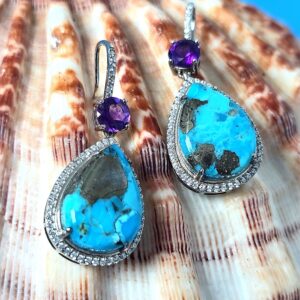 Copper Turquoise & Amethyst 925 Sterling Silver Earrings