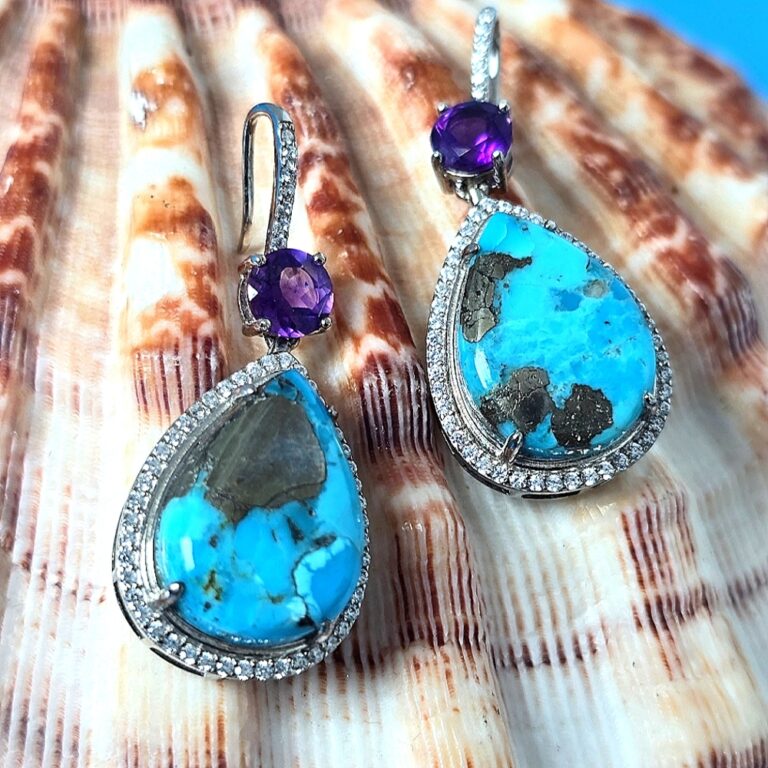 Copper Turquoise & Amethyst 925 Sterling Silver Earrings