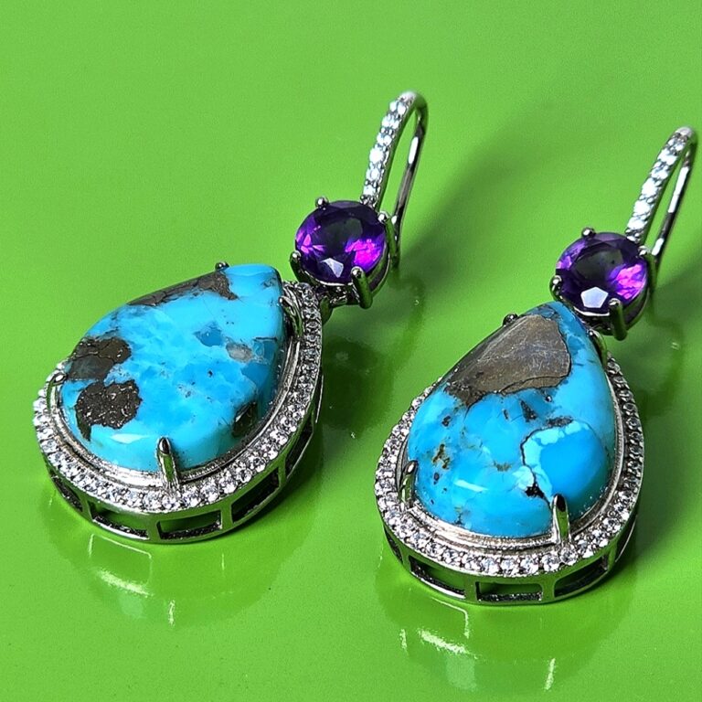 Copper Turquoise & Amethyst 925 Sterling Silver Earrings