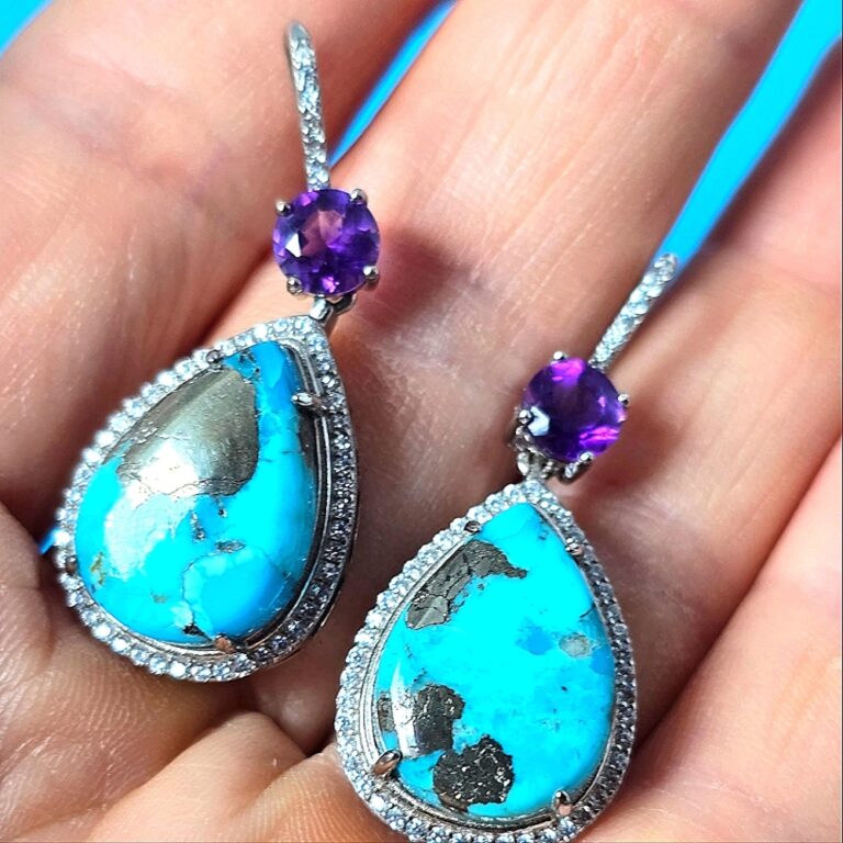 Copper Turquoise & Amethyst 925 Sterling Silver Earrings