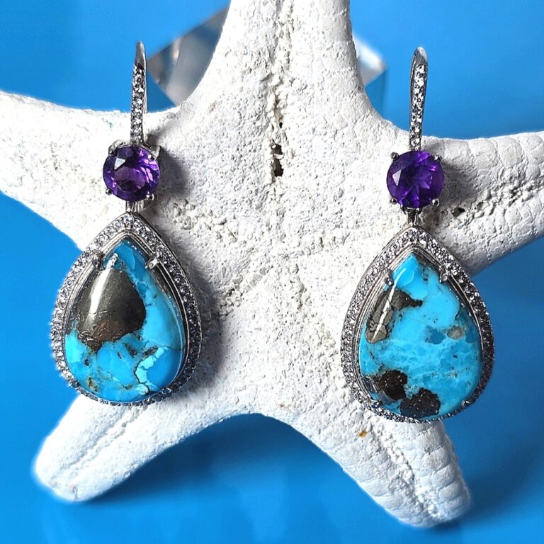 Copper Turquoise & Amethyst 925 Sterling Silver Earrings