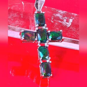 Natural Black Opal 925 Sterling Silver Cross Pendant