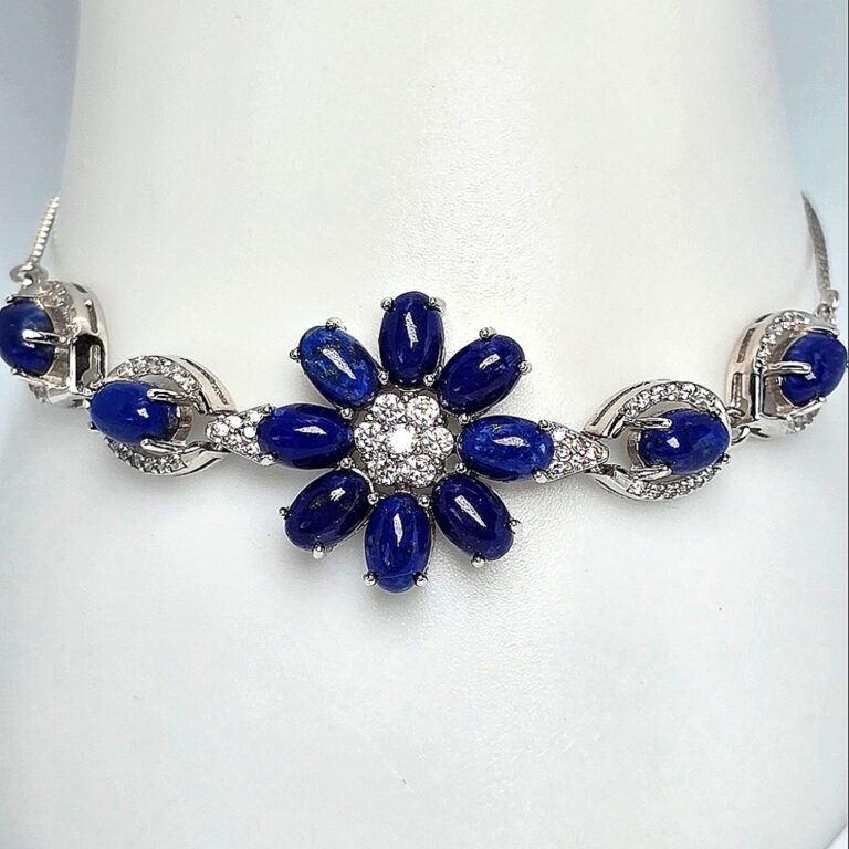 Natural Lapis Lazuli & CZ 925 Sterling Silver Adjustable Bracelet