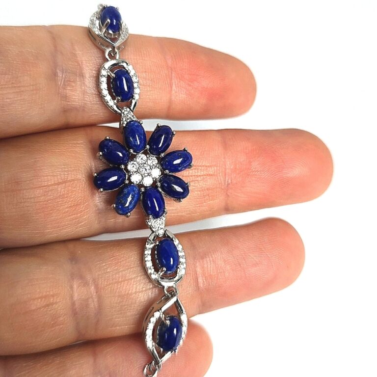 Natural Lapis Lazuli & CZ 925 Sterling Silver Adjustable Bracelet