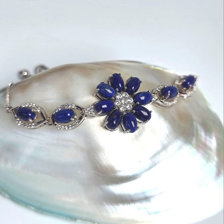 Natural Lapis Lazuli & CZ 925 Sterling Silver Adjustable Bracelet