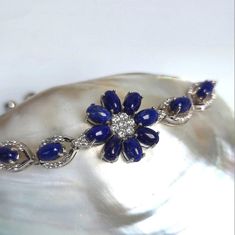 Natural Lapis Lazuli & CZ 925 Sterling Silver Adjustable Bracelet