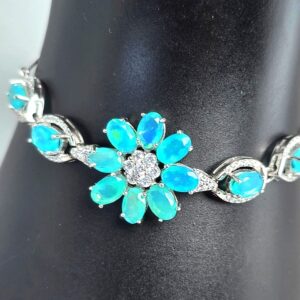 Natural Blue Opal & CZ 925 Sterling Silver Adjustable Bracelet.