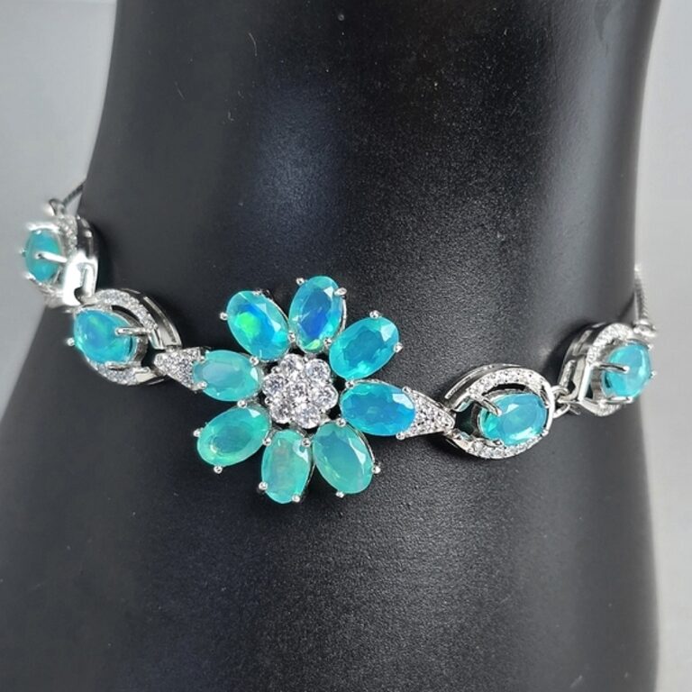 Natural Blue Opal & CZ 925 Sterling Silver Adjustable Bracelet.