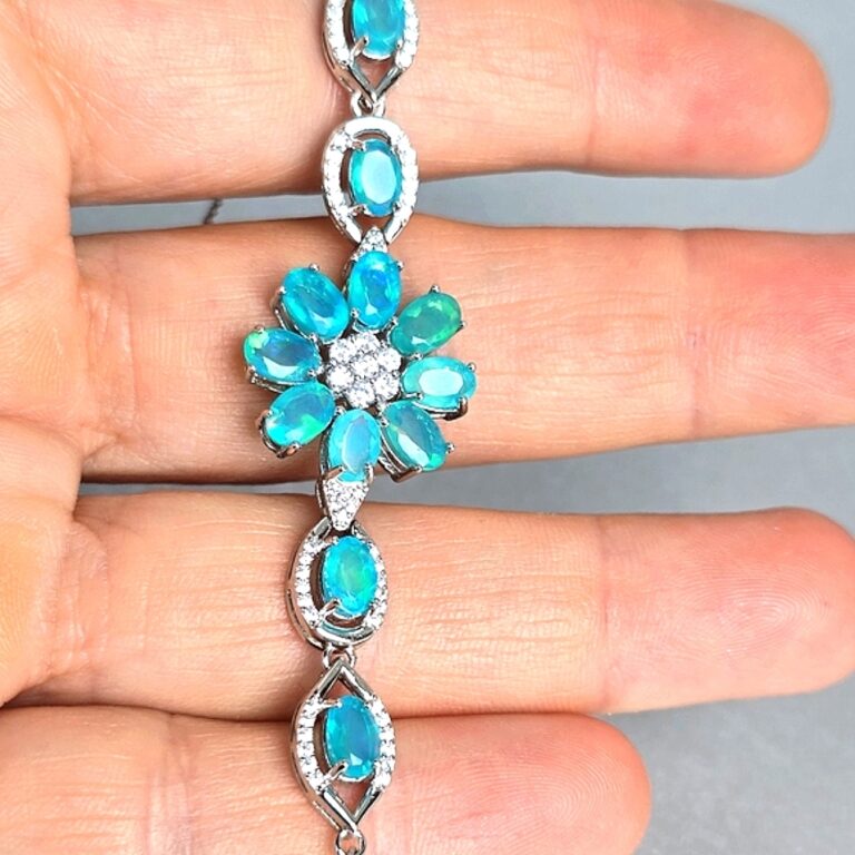 Natural Blue Opal & CZ 925 Sterling Silver Adjustable Bracelet.