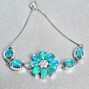 Natural Blue Opal & CZ 925 Sterling Silver Adjustable Bracelet.