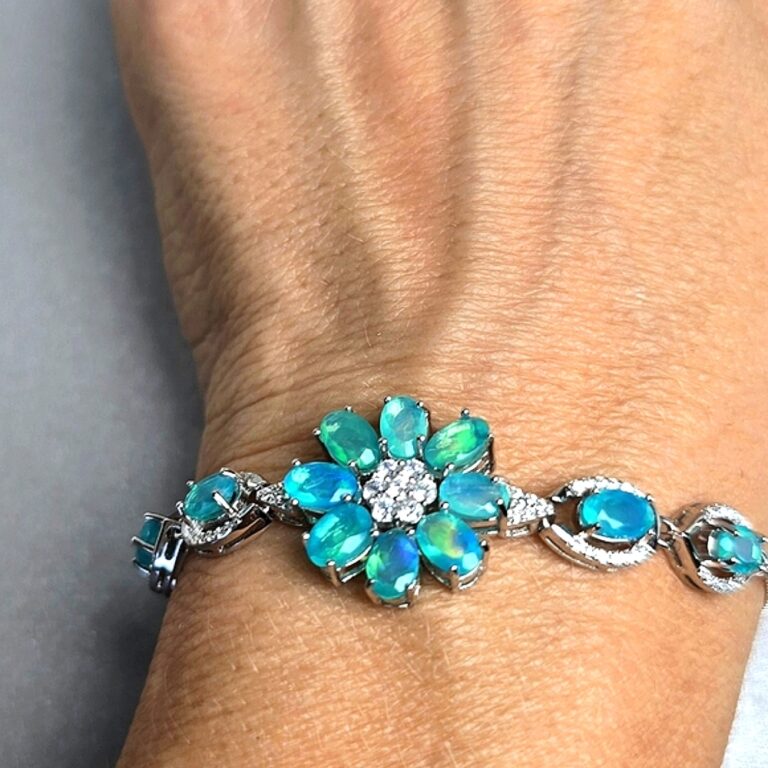 Natural Blue Opal & CZ 925 Sterling Silver Adjustable Bracelet.