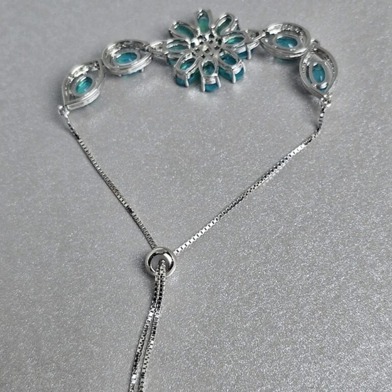 Natural Blue Opal & CZ 925 Sterling Silver Adjustable Bracelet.