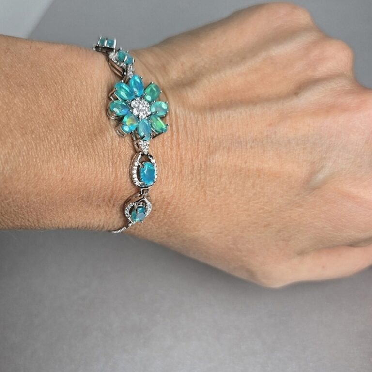 Natural Blue Opal & CZ 925 Sterling Silver Adjustable Bracelet.