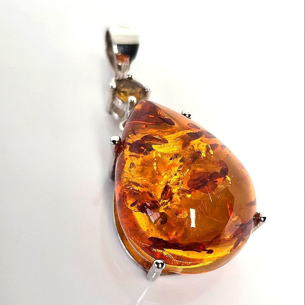 Natural Amber & Citrine 925 Sterling Silver Pendant