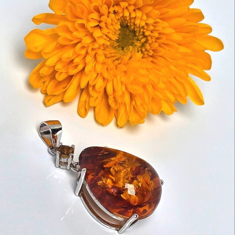 Natural Amber & Citrine 925 Sterling Silver Pendant