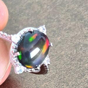 Natural Black Opal & CZ 925 Sterling Silver Ring Sz 7.5