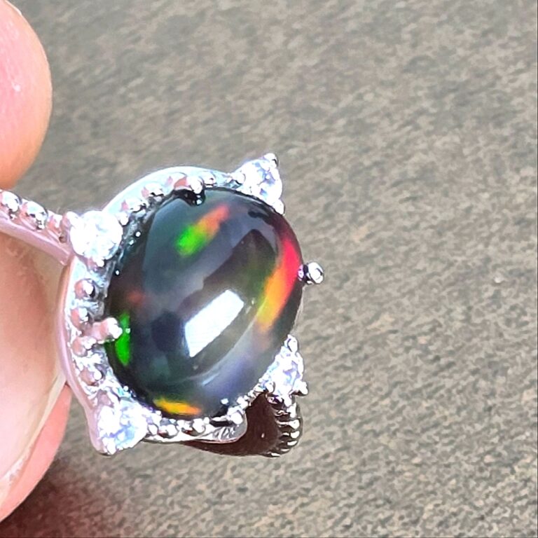 Natural Black Opal & CZ 925 Sterling Silver Ring Sz 7.5