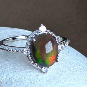 Natural Black Opal & CZ 925 Sterling Silver Ring Sz 7.5