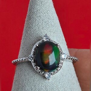 Natural Black Opal & CZ 925 Sterling Silver Ring Sz 7.5