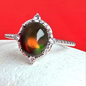 Natural Black Opal & CZ 925 Sterling Silver Ring Sz 7.5