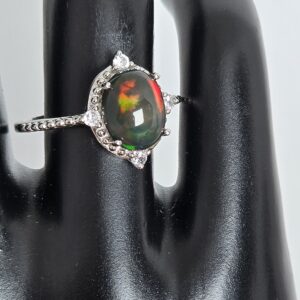 Natural Black Opal & CZ 925 Sterling Silver Ring Sz 7.5