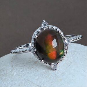 Natural Black Opal & CZ 925 Sterling Silver Ring Sz 7.5