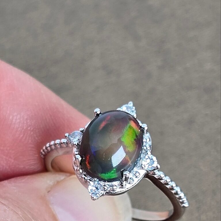 Natural Black Opal & CZ 925 Sterling Silver Ring Sz 7.5