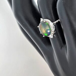 Natural Black Opal & CZ 925 Sterling Silver Ring Sz 7.5