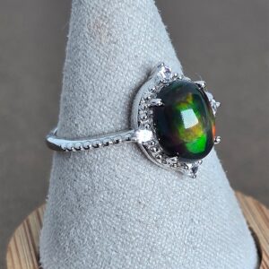 Natural Black Opal & CZ 925 Sterling Silver Ring Sz 7.5