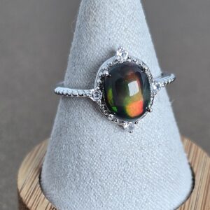 Natural Black Opal & CZ 925 Sterling Silver Ring Sz 7.5