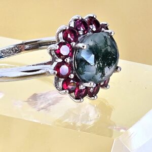 Natural Moss Agate & Garnet 925 Sterling Silver Ring