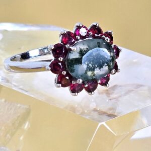 Natural Moss Agate & Garnet 925 Sterling Silver Ring