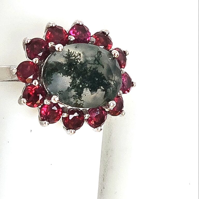 Natural Moss Agate & Garnet 925 Sterling Silver Ring