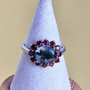 Natural Moss Agate & Garnet 925 Sterling Silver Ring