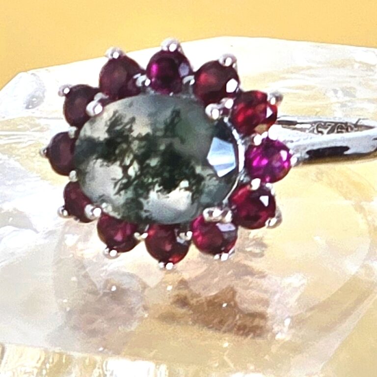 Natural Moss Agate & Garnet 925 Sterling Silver Ring