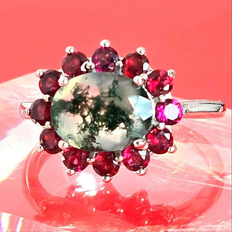 Natural Moss Agate & Garnet 925 Sterling Silver Ring