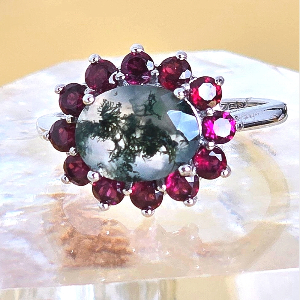 Natural Moss Agate & Garnet 925 Sterling Silver Ring