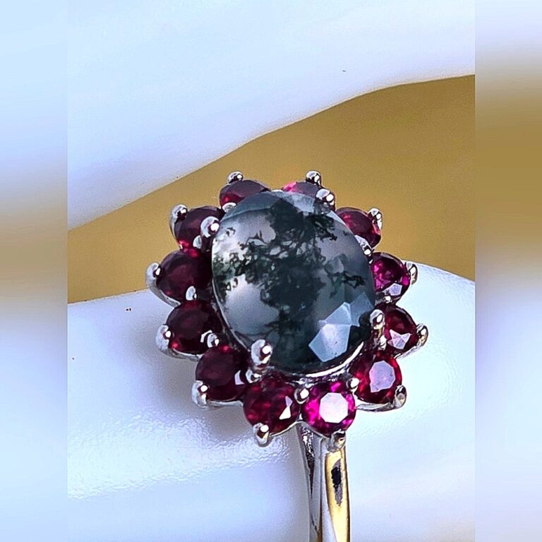 Natural Moss Agate & Garnet 925 Sterling Silver Ring