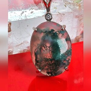 Natural Moss Agate & CZ 925 Sterling Silver Pendant