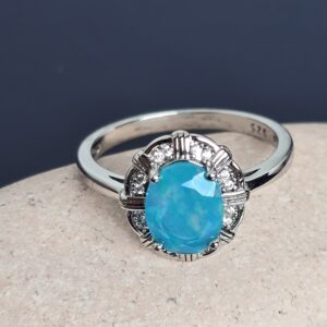 Natural Blue Opal & White Topaz 925 Sterling Silver Ring Sz 7.75